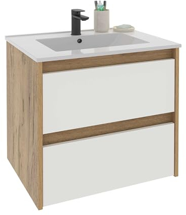 Miroytengo Mueble de Baño Suspendido 60 cm Nilo Blanco Mate y Roble Kraft 2 cajones 60x60x46 cm (SIN Lavabo)
