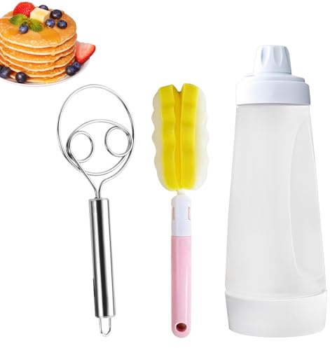 Pancake Batter Dispenser, 1000ml Squeeze Bottle with Cleaning Brush and Wire Whisk Batter Mixer Bottle Pancake Dispenser for Cupcake Waffles Muffins (28cm x 10cm x 10cm)
