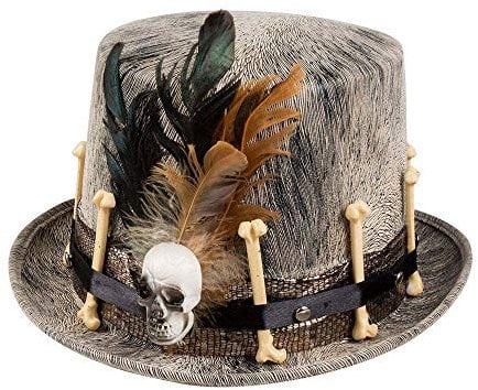 Boland Titel 72180 - Hut Voodoo Nawu, Zylinder mit Totenkopf-Dekoration, Einheitsgröße, Erwachsene, Beige/Braun, mit Hutband und Applikationen, Halloween, Karneval, Mottoparty