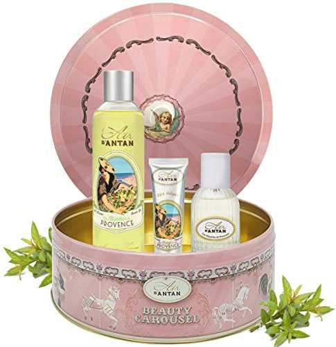 Un Air d’Antan® Französisches Beauty Set PROVENCE für Frauen. 1 Eau de Toilette 55ml + 1 Handcreme 25ml + 1 Duschgel 250ml in einem Vintage Metallbox. Duft: Verbena, Bergamotte. Geschenkset.