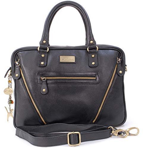 Catwalk Collection Handbags - Damen Leder Schultertasche Groß - Aktentasche für Notizbuch A4 - Laptoptasche 13 14 Zoll - SIENNA - Schwarz