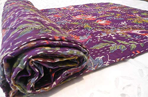 Sophia Art Indische Bohemain Bettwäsche Kantha Vintage ethnische Baumwolle Vogel Kantha Quilt Tagesdecke Patchwork Stitch Decke Queen Size Kantha Quilt (lila)