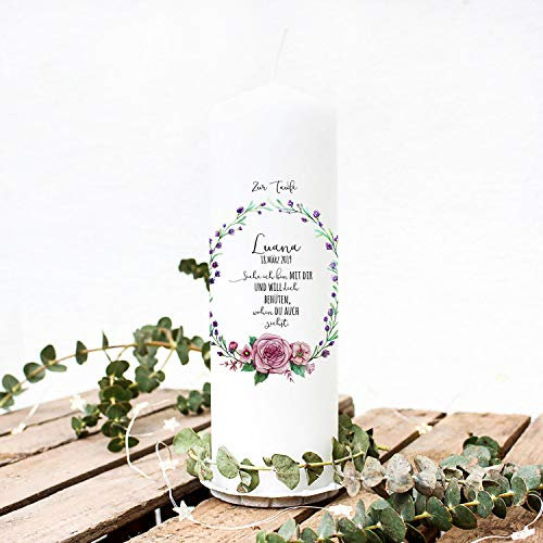 Taufkerze Kerze zur Taufe oder Geburt Kommunionkerze Blumenkranz Spruch Wunschname & Datum wk94 ilka parey wandtattoo-welt®