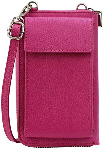 SH Leder Damen Handytasche Umhängetasche Geldbörse Multifunktion Beutel aus Echtleder Verstellbar Schultergurt Handy bis 6,5 Zoll 11,50x19cm Sarah G339 (Pink)