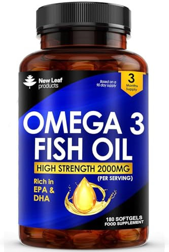 Omega 3 2000mg Capsules - High Dose Fish Oil - Enriched with Vitamin E - Two A Day Pure Fish Oil Gel Capsules - Helps Maintain Healthy Eyes, Brain Function, & Skin - GMO-Free, GMP, & UK Made
