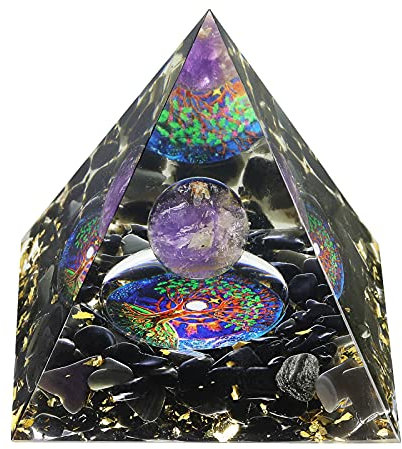 KYEYGWO Positive Energie Pyramiden Stein mit Reiki Heilung Amethyst Kristall Kugel und Baum des Leben, Chakra Kristallpyramide Obsidian Heilstein Pyramide Desktop Ornament Haus Dekoration