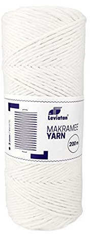 LEVIATAN Natürliches Makramee garn - 200m superweiche Makramee Schnur mit 3mm Einfachdrehung - 100% makramee Baumwolle Baumwollfadenseil für Basteln, Hochzeits- und Weihnachtsdekorationen Weiß