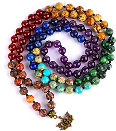 Farfume 7 Chakra 108 Mala Beads Bracelet Real Healing Gemstone Yoga Meditation Hand Knotted Mala Prayer Bead Necklace(Lotus OM-8mm Beads)