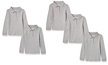 Amazon Essentials Girls' Long-Sleeve Interlock Polo Shirts, Pack of 5, Medium Grey Heather, 6-7 Years
