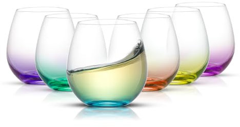 JoyJolt HUE Stemless Wine Glass Set. Large 15 oz Glasses Set of 6. Short Tumblers for White Glasses, Red Water No Stem Margarita Colored Tumbler, Pink, Blue, Green, Purple, Orange, Yellow (JG10260)