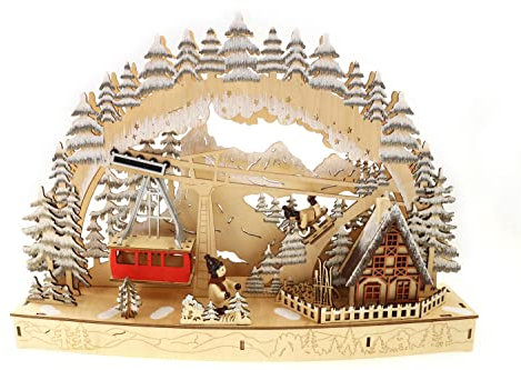 ELLUG 3D Schwibbogen Lichterbogen Holzschnitt, Seilbahn, Glitzer, 44,5 * 9,5 * 31,5cm, batteriebetrieben, Timer Funktion (6h on/18h Off) Weihnachtsdeko Fensterschmuck