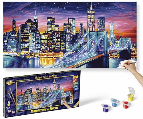Schipper 609220862 Malen nach Zahlen - Manhattan bei Nacht - Bilder malen für Erwachsene, inklusive Pinsel und Acrylfarben, 40 x 80 cm