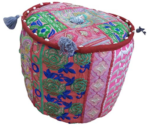 PUSHPACRAFTS Ottoman Pouf Indian Bohemian Style Interior Decor Fußhocker Bodenkissen Indian Embroidered Pouf Pouf Patchwork Chair red