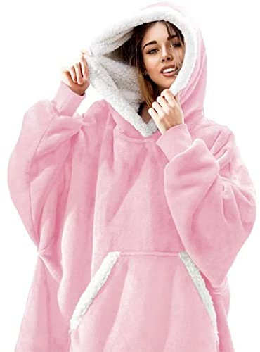 SPXMQSS Deckenpullover, Decke Zum Anziehen Erwachsene Warm Pro Skin Und Leicht Unisex Blanket Hoodie Weicher Sherpa Flanell One Size Fits All Pink