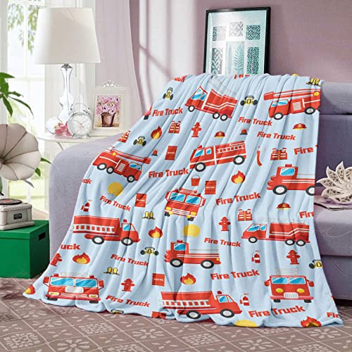 Decke Feuerwehrauto, Rot Feuerwehr Kuscheldecke Kinder, Weich Flanell Plüsch Fleece Wohndecke Feuerwehrfahrzeug Feuerwehrmann für Baby Newborn Jungs Geburtstagsgeschenke Kinderzimmer Krippe, 76x125cm