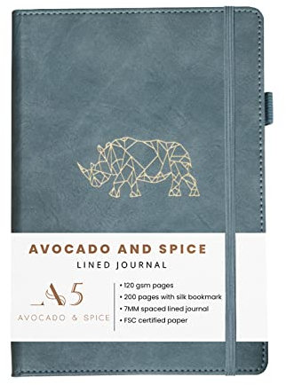 Avocado & Spice® - Taccuino A5 a righe, con copertina rigida, in ecopelle, segnalibro, fascia elastica, portapenne, 200 pagine spesse (grigio, a righe)