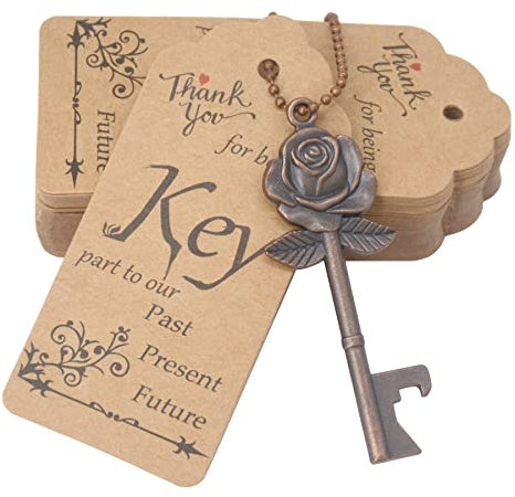 Makhry Set di 52 apribottiglie a forma di fiore a forma di rosa, vintage, per matrimonio, regalo per ospiti, souvenir, con scorta di ringraziamento e portachiavi (rame anticato)