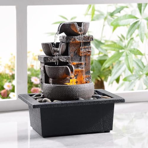 Kalona 10 inch 4-Tier Imitation Stone Tabletop Water Fountain with Natural River Rocks Decoration Meditiation Resin Relaxing waterfull Desktop Fountain