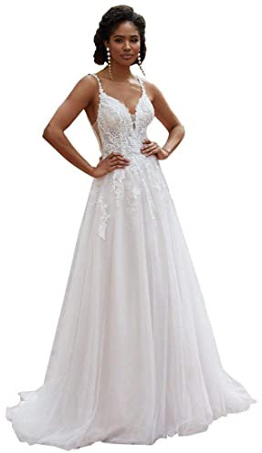 Damen Tüll A-Linie Brautkleider Hochzeitskleid Spitze Appliques Spaghettiträger Brautmode Brautkleider für Braut