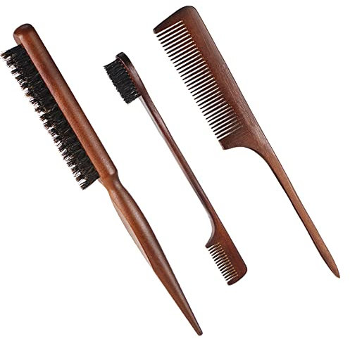 3 Stück Toupier Bürsten Set Doppelkanten Bürste und Kamm Borsten Haarbürste Kamm Pflege Kanten Bürste Kämme Robust Rattenschwanz Kamm für Friseur Frauen Baby Kinder (Holz)