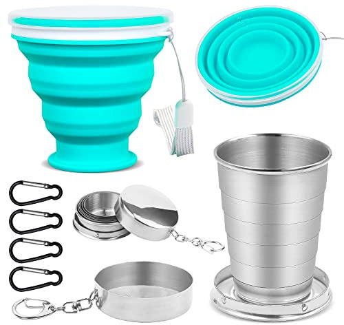 ADNEWX® 4 bicchieri pieghevoli, 75 ml, in acciaio inox e 200 ml, in silicone con moschettone, senza BPA, per picnic, campeggio, escursioni all'aperto