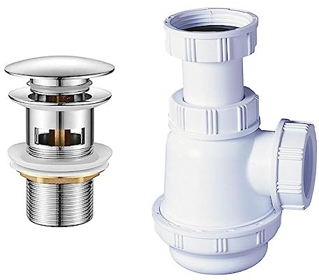 Ibergrif M20502 vidage Salle de Bain, Bonde de Lavabo Pop Up, Chromé, Argent et Wirquin Plastique SP3178 Siphon de lavabo-Bidet à culot Court, Blanc