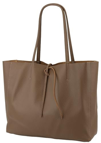 SH Leder ® Damen Echt Rindleder Shopper in Querformat mit Innentasche in vielen Farben Schultertasche Henkeltasche 30x37cm Maja G514 (Dunkeltaupe)