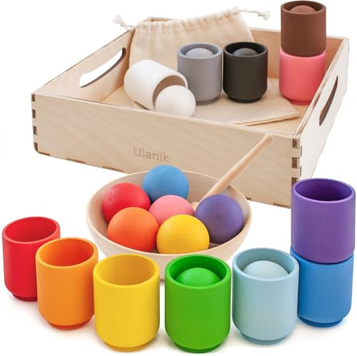Ulanik Bälle in Tassen Kleinkinder Montessori Spielzeug ab 1 Jahr + Baby Sensorik Bälle Holzspiele zum Zählen und Sortieren Farben Lernen — 12 Holzkugeln Bunt