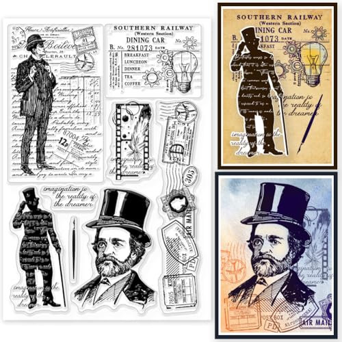 GLOBLELAND Vintage Gentleman Silikonstempel Text Hintergrund Transparente Stempel Retro Mann Klare Stamps Für Karten Herstellung DIY Scrapbooking Basteln