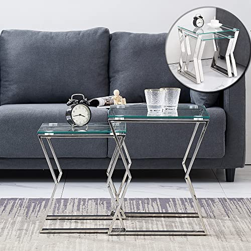 Satztische aus Glas mit Rahmen aus 100% Edelstahl, stapelbare verchromte Satztische, Beistelltische, Lampentische für das Wohnzimmer, platzsparend – Tischplatte aus klarem gehärtetem Glas (