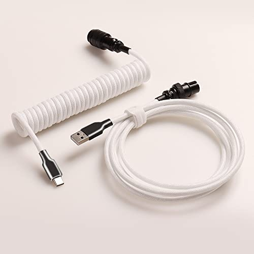 PAKJEL Coiled Cable with Detachable Connector Double Sleeved Cable for Custom Gaming Mechanical Keyboard(Black Plug White)
