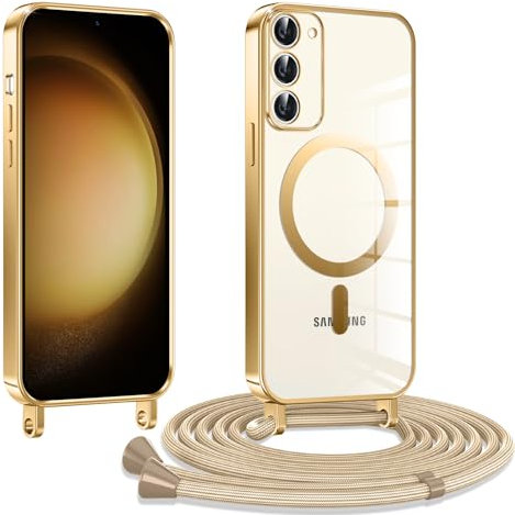 Kokio Coque pour Samsung Galaxy S23+ / S23 Plus 5G avec Cordon, Etui à Transparente Housse Compatible avec MagSafe, Doux TPU Protection Coque pour avec Bandoulière Lanière Réglable Collier, Or