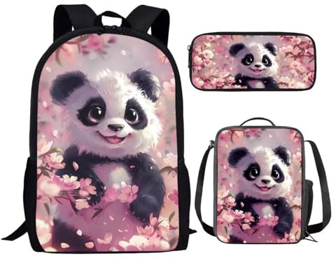 chaqlin Schulrucksack-Set für Kinder, 3-teilig, lustige Rucksäcke für + Lunchbox + Federmäppchen, Panda Tier Rosa, one size, Children's Backpack