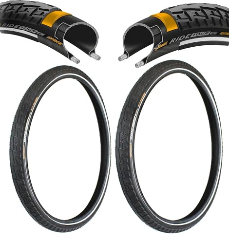 2X Fahrrad Reifen Continental Ride Tour 1,75 x 26 Zoll, Extra Pannenschutz, Drahtreifen, Reflexstreifen, schwarz, 47-559, E-Bike bis 25km/h