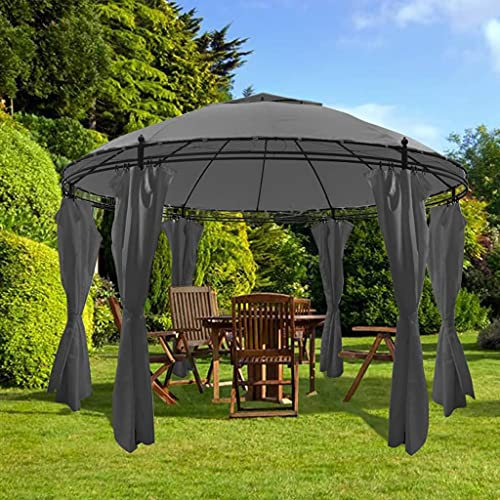 Homgoday Runder Pavillon mit Vorhängen, 3,5 x 2,7 m, Anthrazit, Möbel, Außenpavillon für Garten, Balkon, Terrasse, Gartenpavillon, faltbar,