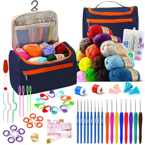 Spardar 63 pcs Häkelset, Strickset für Anfänger mit Häkelgarn, Häkelnadeln, Häkelzubehör und tragbarer Aufbewahrungstasche, ideal für Erwachsene, Senioren und Kinder(MarineBlau)