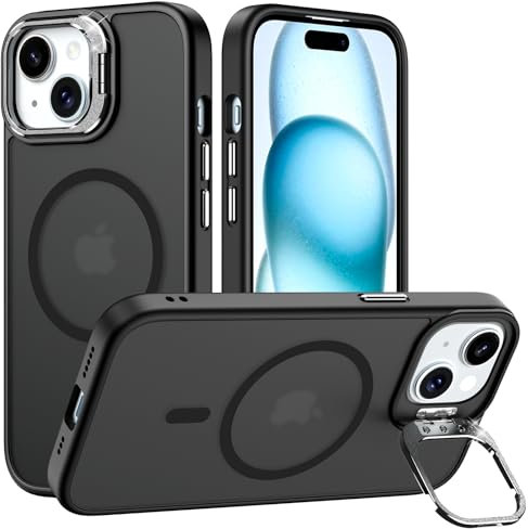 Buoluozy Funda para iPhone 15 de 6,1, Compatible con MagSafe, Soporte para Cámara Ajustable Integrado, Funda Protectora Magnética a Prueba de Golpes, Funda Fina Translúcida Mate, Negro