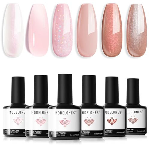 Modelones Vernis Semi Permanent,Vernis Gel UV Semi Permanent Série Blanc Rose Nude 6 Couleur Vernis à Ongles Soak Off Gel Polish French Manucure