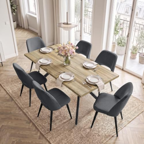 ANVOFONG Essgruppen in Walnussholzoptik,Esstisch mit 6 Schwarz-Stuhl | Esstisch in 140 x 80 x 76 cm mit 4 Ergonomischer Design aus Cord Esszimmerstühle, für Esszimmer, Küche, Wohnzimmer