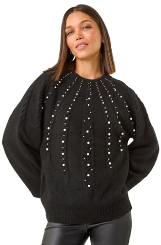 Roman Originals Graduated Faux Pearl Cable Knit Jumper for Women UK - Ladies Everyday Autumn Winter Funnel Neckline Comfy Soft Evening Vacation Work Party Night Out - Black - Size 14