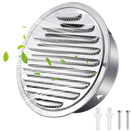 Grille d'aération en Acier Inoxydable 160mm avec vis et Chevilles Protection Contre Les intempéries Lamelles avec moustiquaire et Boucle Grille d'évacuation d'air Ronde(Convient aux Trous Ø155-160mm)