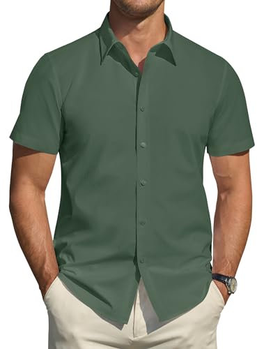 J.VER Mens Short Sleeved Shirts Summer Stain Shield Dress Stretch Business Casual Smart Shirt Regular Fit Plain Button Down Top Dark Green M