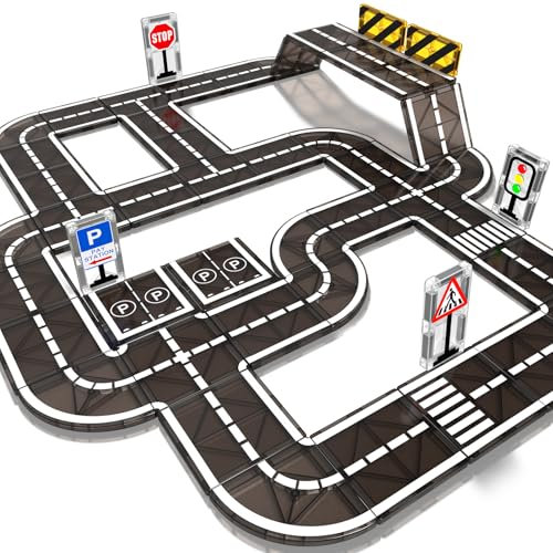 Magnetic Tiles Road Expansion Pack Age 3+ with Traffic Signs, STEM Montessori Learning Toys for Toddlers 3-5 4-8, Sensory Magnetic Building Blocks Creative Birthday Gifts for Boys Girls Kids 28 PCS