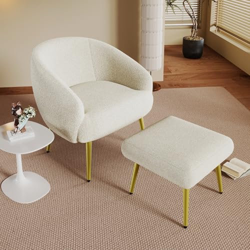 YESGIGA Chaise rembourrée Sherpa avec repose-pieds, fauteuil de salon, design ergonomique, pieds dorés (blanc)