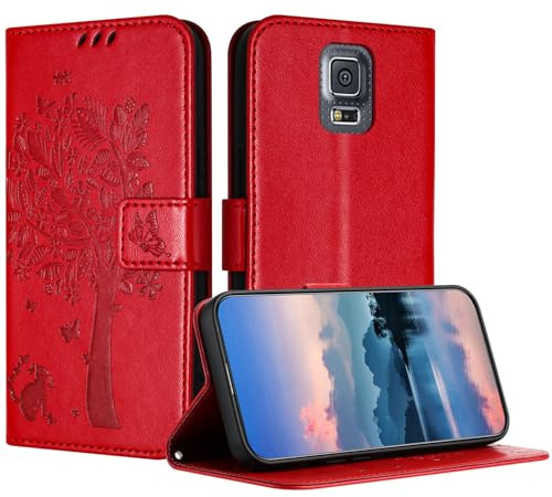 JayModCase Hülle für Samsung Galaxy S5, Leder Klapphülle Schutzhülle mit [Kartenfach] [Standfunktion] [Magnetverschluss] Handyhülle Kompatibel mit Samsung S5 - Rot
