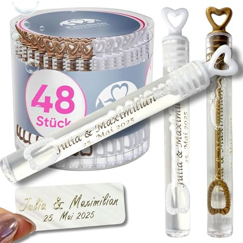 EinsSein personalisierte Seifenblasen Hochzeit Herzgläschen bronzegold-Weiss 48 Stück | Seifenblasen mit Aufkleber als Gastgeschenke auch für die Taufe Geburtstag Party | Hochzeitsseifenblasen |