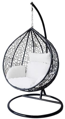 Alivio Rattan Hanging Egg Chair - Large Basket Chair with Cushions, Swing Egg Chair for Indoor Outdoor Patio Garden 203 x 120cm, Weather Resistant Free Standing Egg Chair (Black)