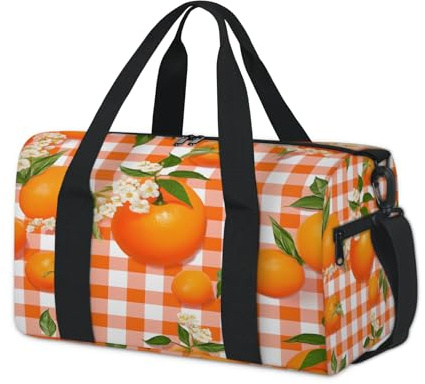 Sporttasche mit karierten Blumen, Früchten, Orange, für Kinder, Mädchen, Jungen, Damen, Herren, Übernachtung, Wochenender, Reisetasche, Tragetasche, Fitnessstudio, lässige Seesack