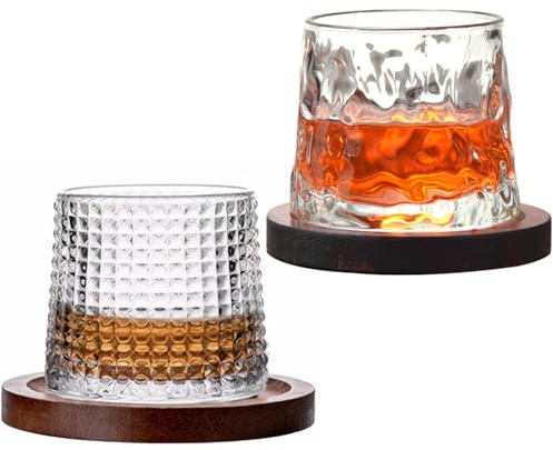Verre de whisky 2pcs verres de whisky 300 ml verre à vin à boire avec 2 pcs en bois créatifs en bois rotatif gobelet tournant des verres rhum pour les cocktails bourbon