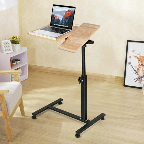 Scrivania Tavolo da Lavoro Porta Pc Computer Altezza Regolabile Tavolino Letto Divano con Piano e Ripiano Inferiore in Legno MDF Struttura Metallo Design Moderno,61*44*65/95 cm - Legno Naturale